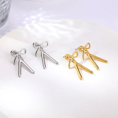 1 Pair Cute Korean Style Bow Knot 304 Stainless Steel 18K Gold Plated Drop Earrings