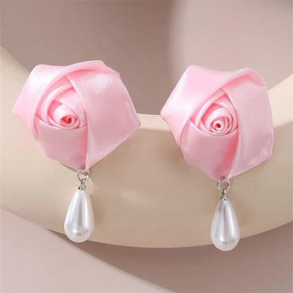 1 Pair Cute Lady Sweet Flower Artificial Pearl Cloth Ear Studs