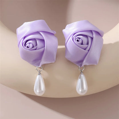 1 Pair Cute Lady Sweet Flower Artificial Pearl Cloth Ear Studs