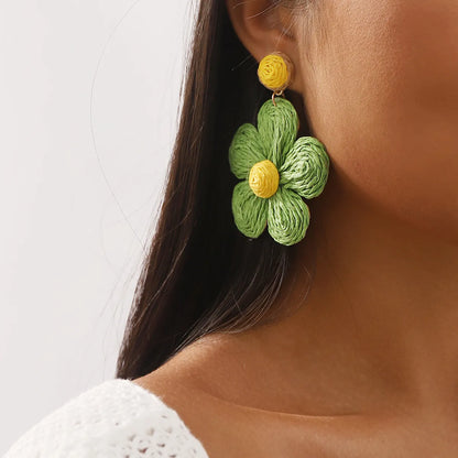 1 Pair Cute Lady Sweet Flower Braid Raffia Drop Earrings