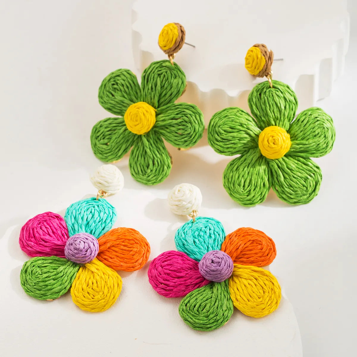 1 Pair Cute Lady Sweet Flower Braid Raffia Drop Earrings