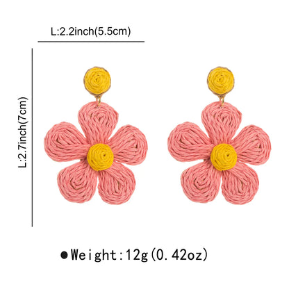 1 Pair Cute Lady Sweet Flower Braid Raffia Drop Earrings