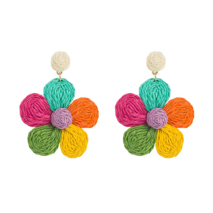 1 Pair Cute Lady Sweet Flower Braid Raffia Drop Earrings