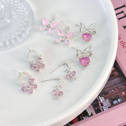 1 Pair Cute Lady Sweet Heart Shape Butterfly Inlay Artificial Pearl Copper Zircon Ear Studs