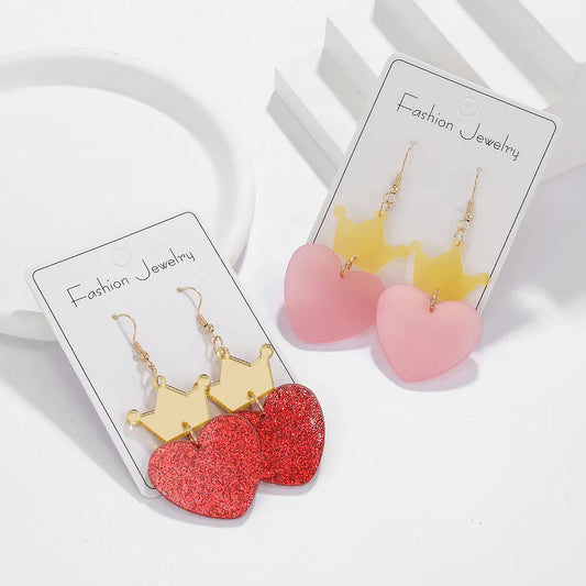 1 Pair Cute Lady Sweet Heart Shape Crown Arylic Drop Earrings