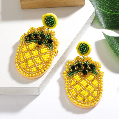 1 Pair Cute Modern Style Sweet Pear Pineapple Inlay Cloth Seed Bead Rhinestones K Gold Plated Drop Earrings