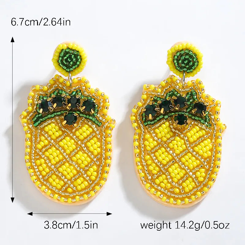 1 Pair Cute Modern Style Sweet Pear Pineapple Inlay Cloth Seed Bead Rhinestones K Gold Plated Drop Earrings