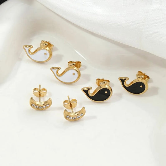 1 Pair Cute Moon Whale Enamel Plating Inlay Stainless Steel Zircon 18k Gold Plated Ear Studs