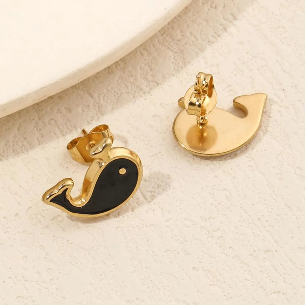 1 Pair Cute Moon Whale Enamel Plating Inlay Stainless Steel Zircon 18k Gold Plated Ear Studs