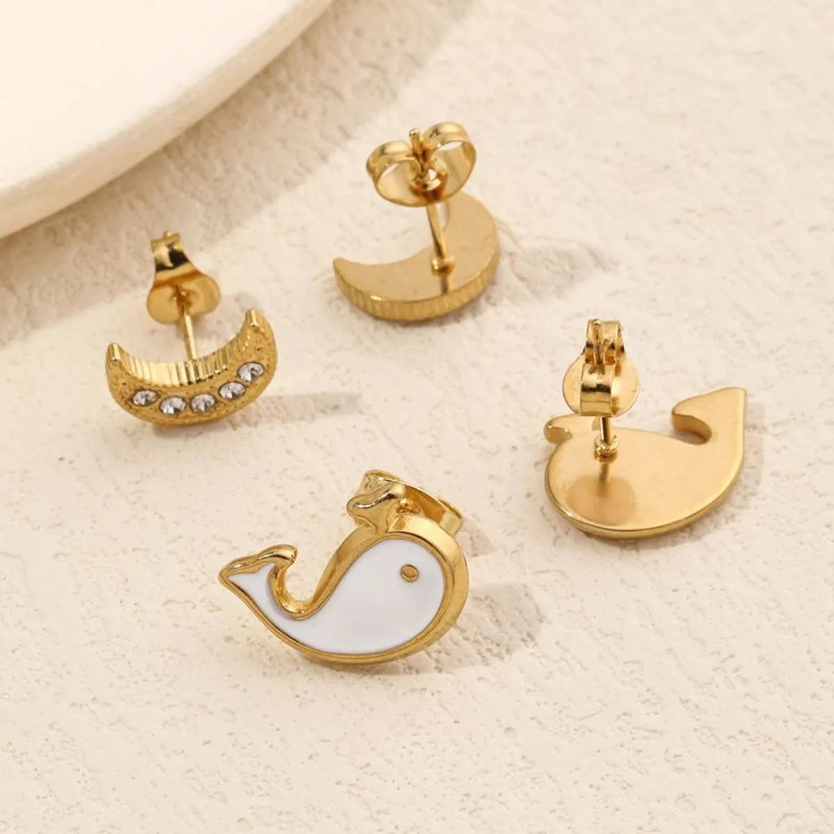 1 Pair Cute Moon Whale Enamel Plating Inlay Stainless Steel Zircon 18k Gold Plated Ear Studs