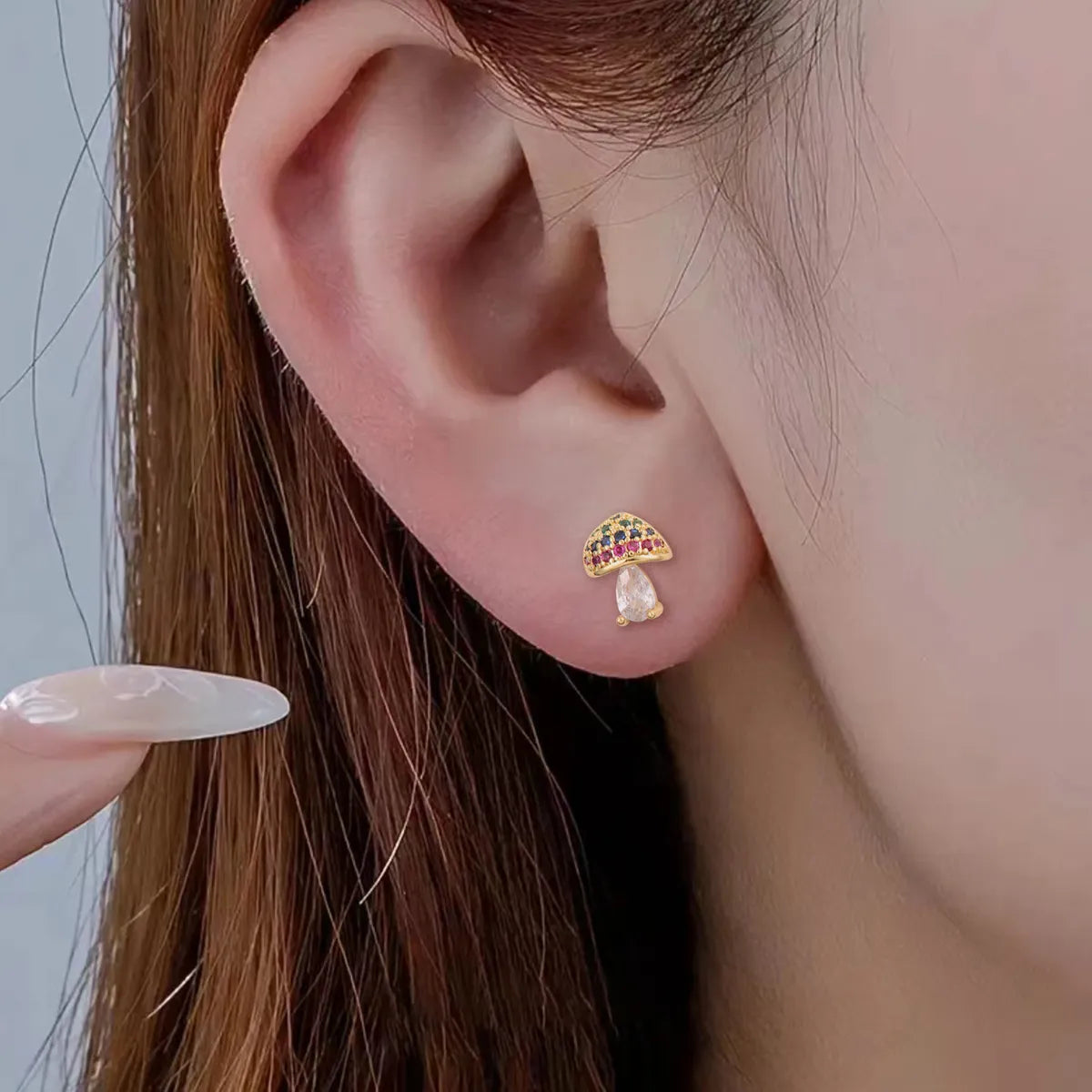 1 Pair Cute Mushroom Inlay Copper Zircon 18K Gold Plated Ear Studs