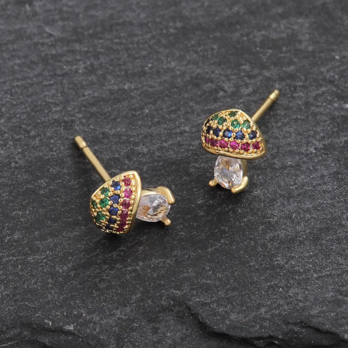 1 Pair Cute Mushroom Inlay Copper Zircon 18K Gold Plated Ear Studs