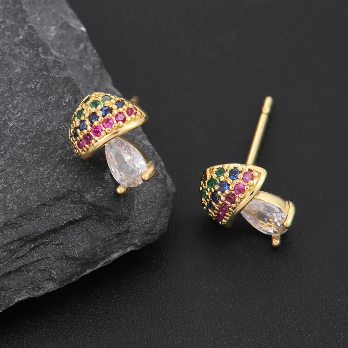 1 Pair Cute Mushroom Inlay Copper Zircon 18K Gold Plated Ear Studs