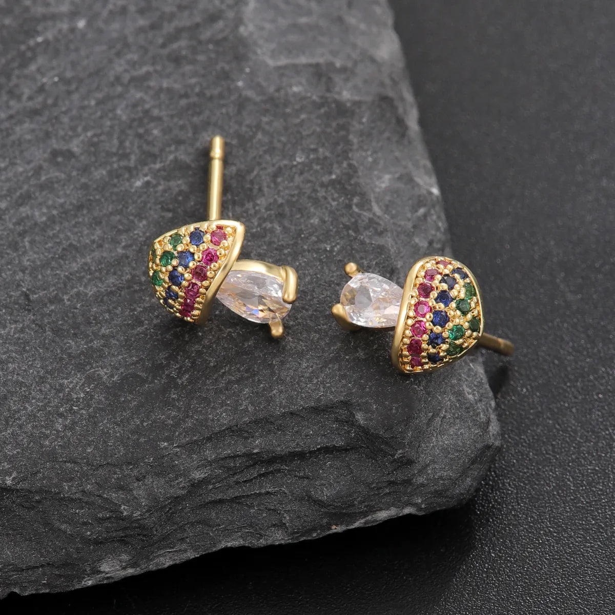 1 Pair Cute Mushroom Inlay Copper Zircon 18K Gold Plated Ear Studs