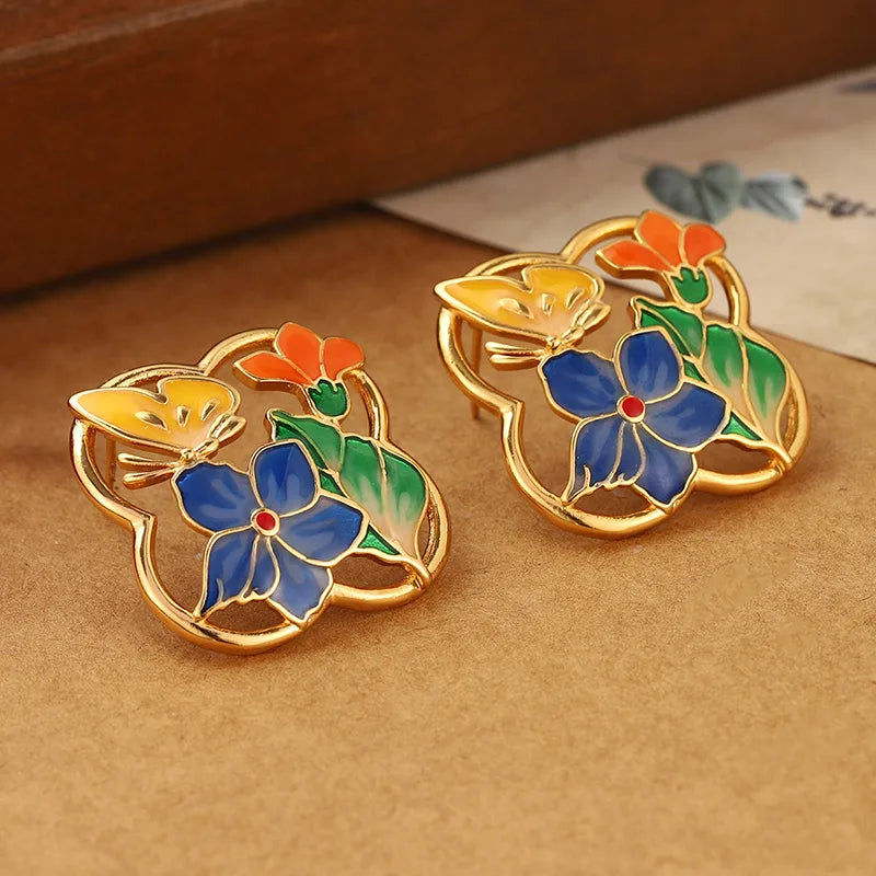 1 Pair Cute Pastoral Flower Butterfly Painted Hollow Out Copper Ear Studs