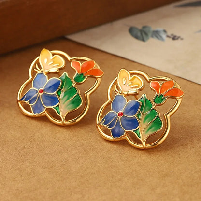 1 Pair Cute Pastoral Flower Butterfly Painted Hollow Out Copper Ear Studs