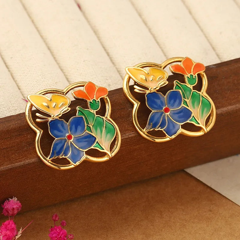 1 Pair Cute Pastoral Flower Butterfly Painted Hollow Out Copper Ear Studs