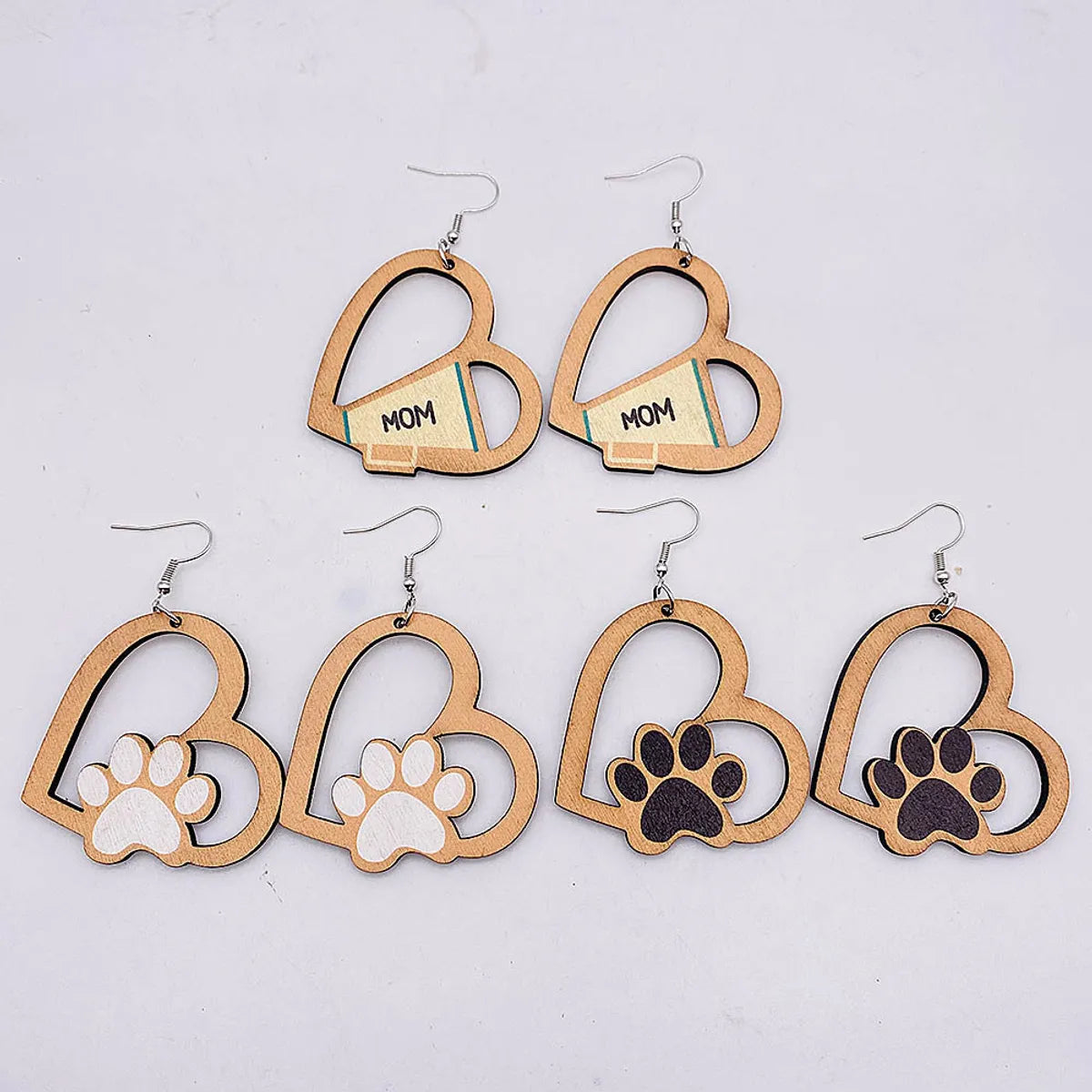 1 Pair Cute Paw Print Heart Shape Wood Mother'S Day Women'S Drop Earrings