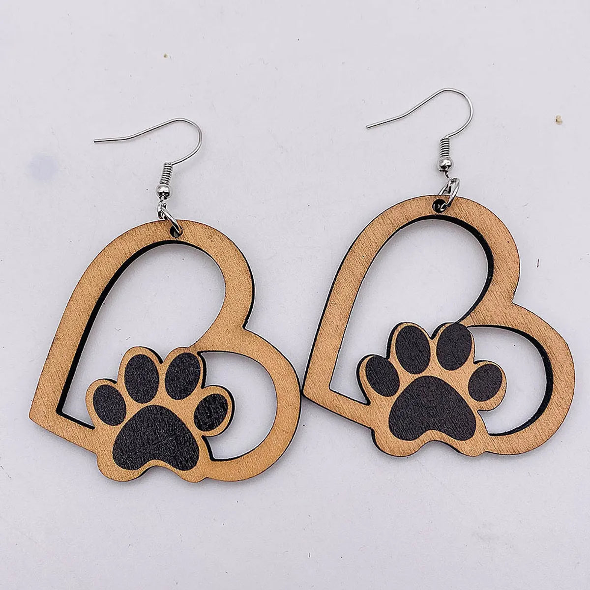 1 Pair Cute Paw Print Heart Shape Wood Mother'S Day Women'S Drop Earrings