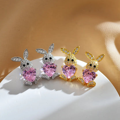 1 Pair Cute Rabbit Bear Inlay Copper Zircon Ear Studs