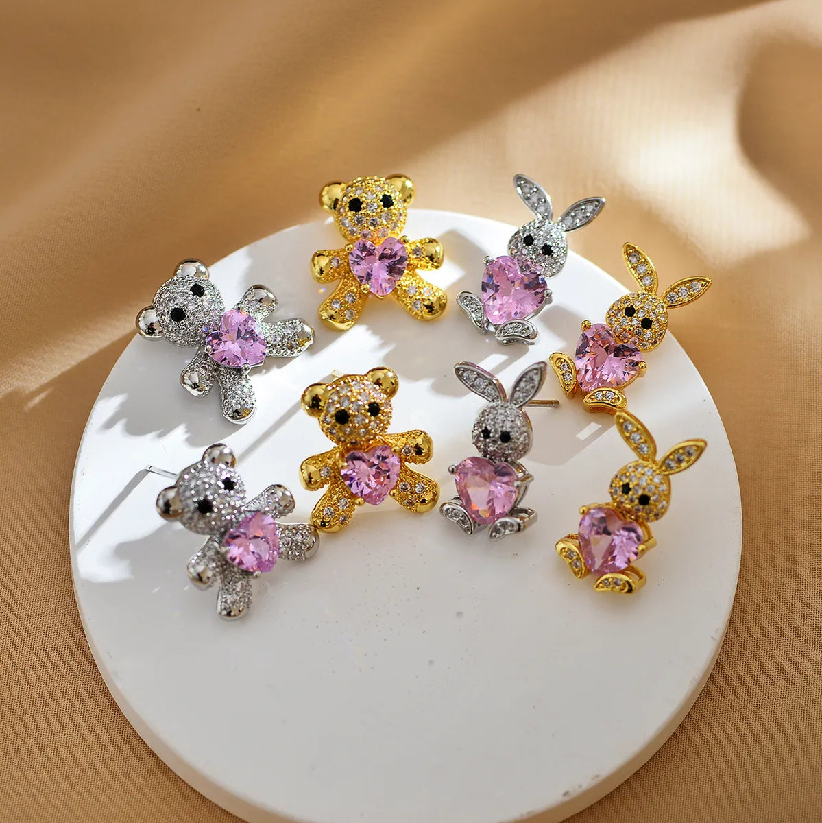 1 Pair Cute Rabbit Bear Inlay Copper Zircon Ear Studs