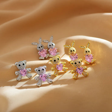 1 Pair Cute Rabbit Bear Inlay Copper Zircon Ear Studs