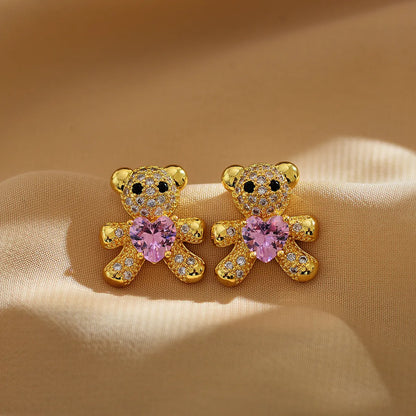 1 Pair Cute Rabbit Bear Inlay Copper Zircon Ear Studs