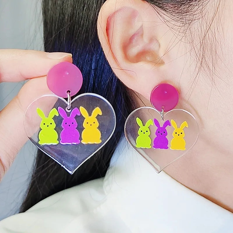 1 Pair Cute Rabbit Heart Shape Printing Arylic Drop Earrings