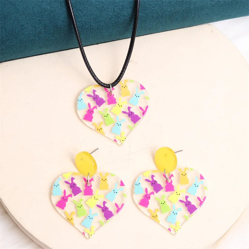 1 Pair Cute Rabbit Heart Shape Printing Arylic Drop Earrings