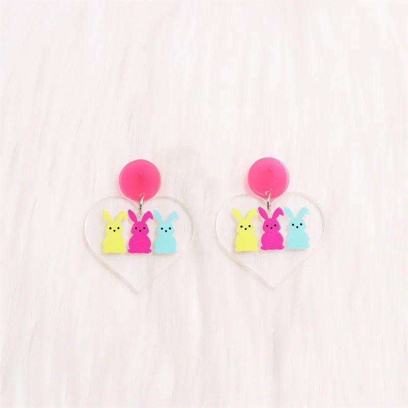 1 Pair Cute Rabbit Heart Shape Printing Arylic Drop Earrings