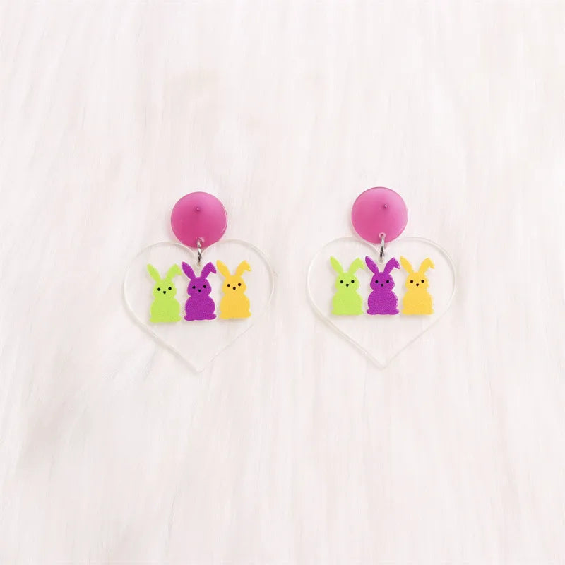 1 Pair Cute Rabbit Heart Shape Printing Arylic Drop Earrings