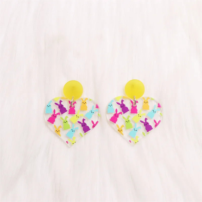 1 Pair Cute Rabbit Heart Shape Printing Arylic Drop Earrings