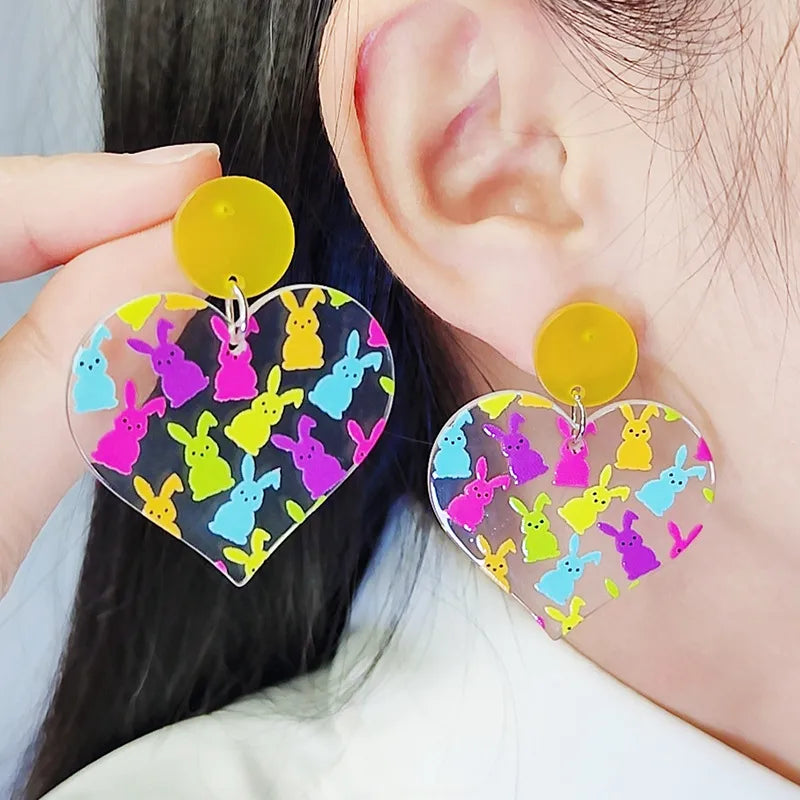 1 Pair Cute Rabbit Heart Shape Printing Arylic Drop Earrings