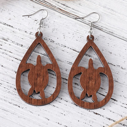 1 Pair Cute Retro Tortoise Water Droplets Hollow Out Wood Drop Earrings