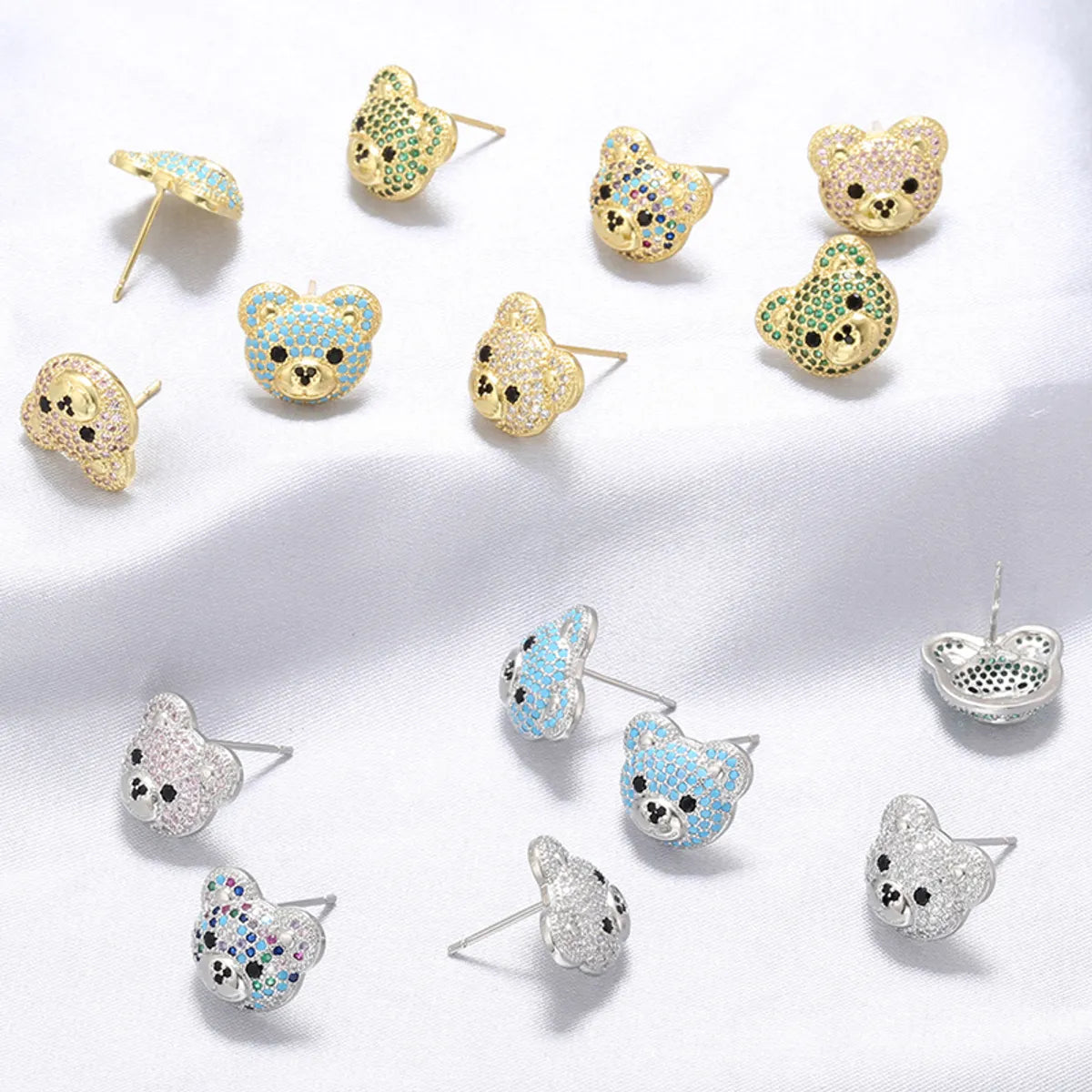 1 Pair Cute Shiny Bear Plating Inlay Copper Zircon 18k Gold Plated Ear Studs