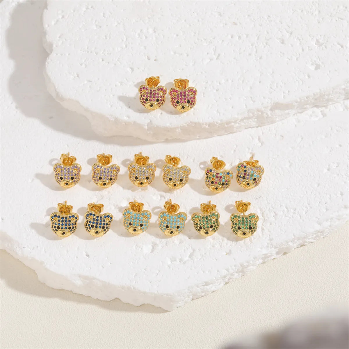 1 Pair Cute Simple Style Bear Plating Inlay Copper Zircon 14k Gold Plated Ear Studs