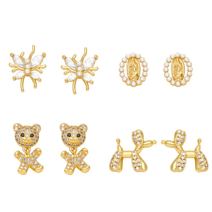 1 Pair Cute Simple Style Dog Bear Plating Inlay Copper Zircon 18k Gold Plated Ear Studs