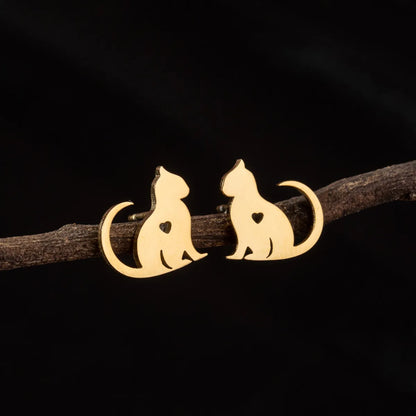 1 Pair Cute Simple Style Heart Shape Cat Polishing Hollow Out 304 Stainless Steel 18K Gold Plated Ear Studs