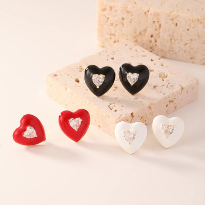 1 Pair Cute Simple Style Heart Shape Enamel Inlay Copper Zircon Gold Plated Ear Studs