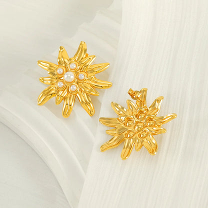 1 Pair Cute Simple Style Sunflower Inlay 304 Stainless Steel Artificial Pearls 18K Gold Plated Ear Studs