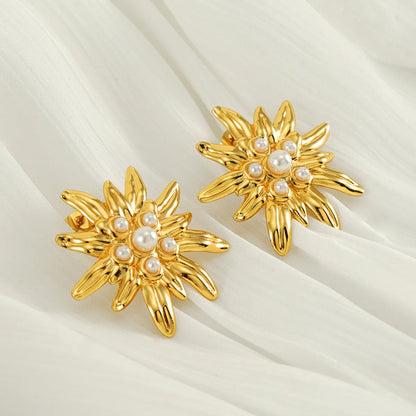 1 Pair Cute Simple Style Sunflower Inlay 304 Stainless Steel Artificial Pearls 18K Gold Plated Ear Studs