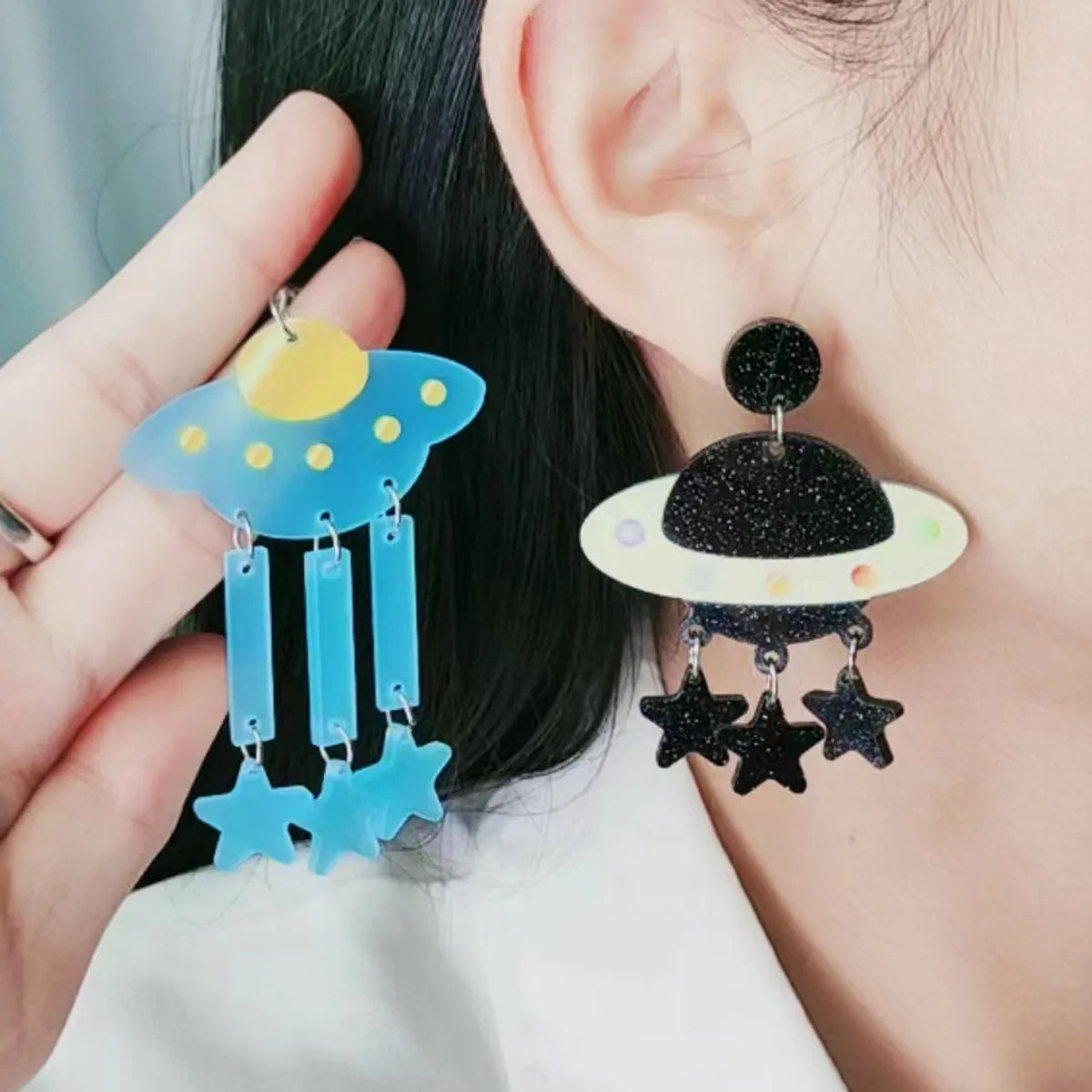 1 Pair Cute Spaceship Printing Arylic Drop Earrings