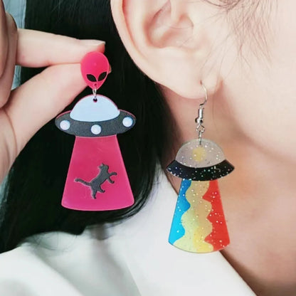 1 Pair Cute Spaceship Printing Arylic Drop Earrings