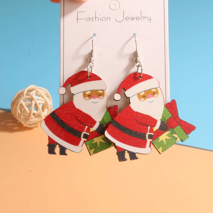 1 Pair Cute Sweet Artistic Santa Claus Tree Snowman Stainless Steel Wood Drop Earrings