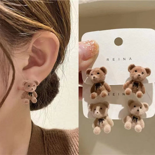 1 Pair Cute Sweet Bear Alloy Flocking Ear Studs