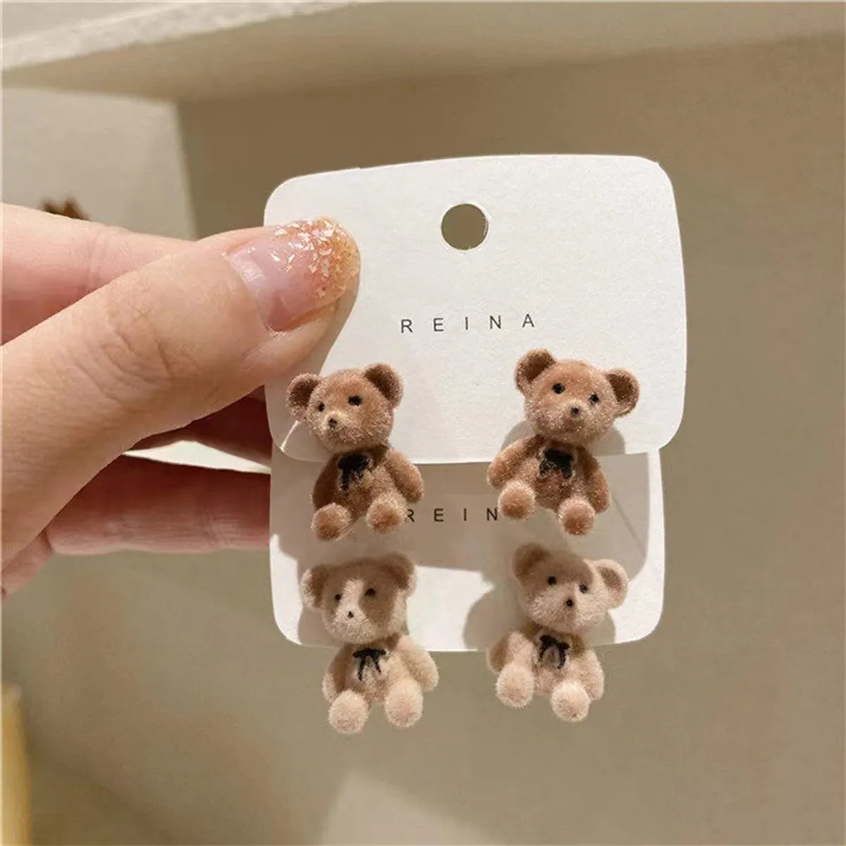 1 Pair Cute Sweet Bear Alloy Flocking Ear Studs