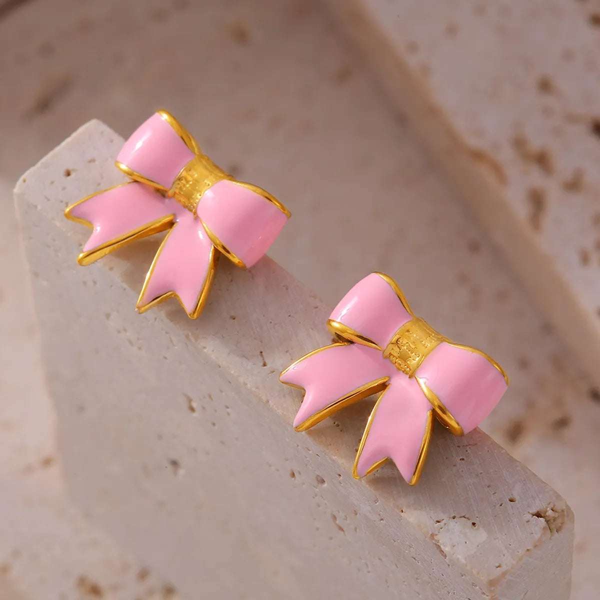 1 Pair Cute Sweet Bow Knot Enamel Plating Titanium Steel 18K Gold Plated Ear Studs