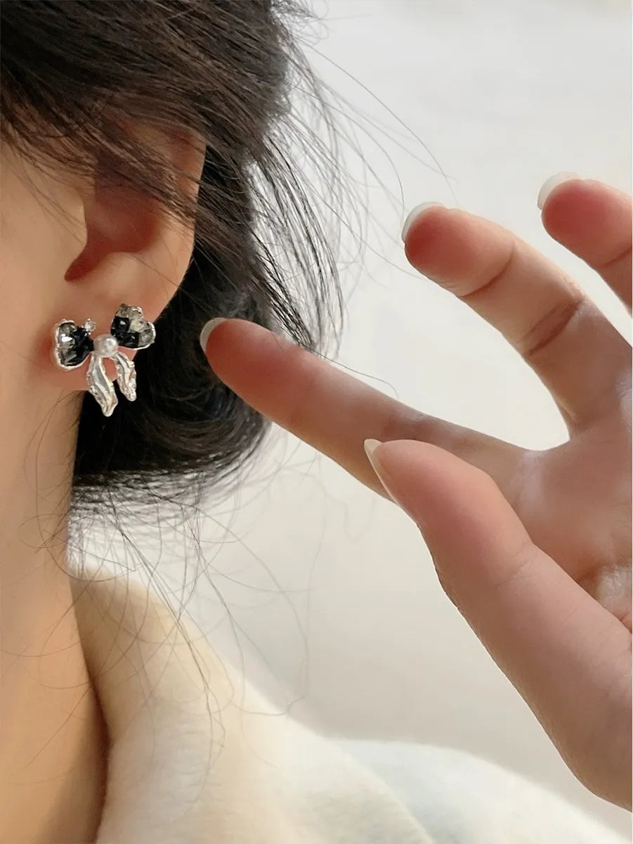 1 Pair Cute Sweet Bow Knot Inlay Alloy Zircon Ear Studs