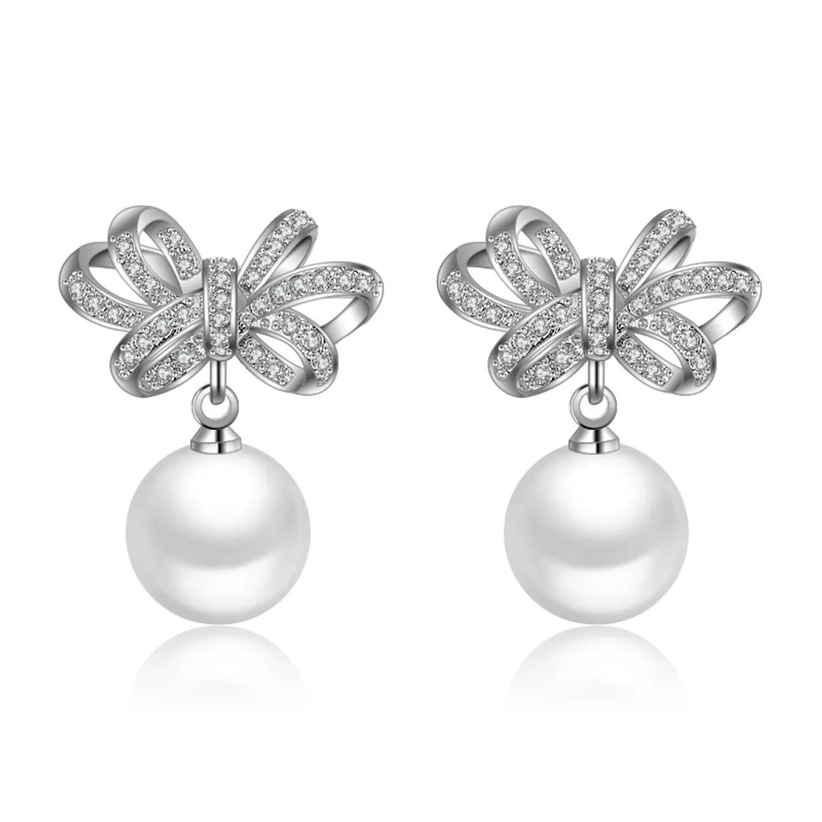 1 Pair Cute Sweet Bow Knot Plating Inlay Copper Pearl Zircon White Gold Plated Drop Earrings