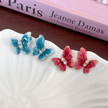 1 Pair Cute Sweet Butterfly Enamel Inlay Alloy Rhinestones Ear Studs